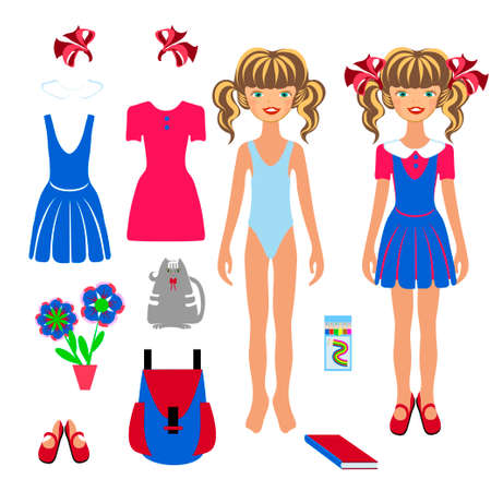 Cartoon girl schoolgirl of elementary grades. Seth collect your daughter to school, a backpack, colored pencils, a dress, shoes, bows, a book.の写真素材