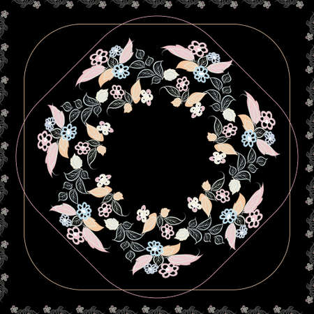 Floral pattern on a black contrasting background, light decorative flowers and leaves, a pattern in a circle for a textile scarf, hijab, decorative frame with space for textの写真素材