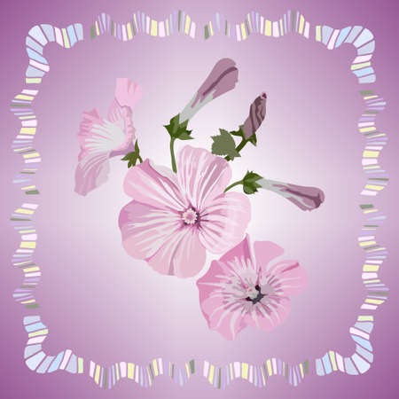 Vector square frame in pastel pink colors with a petunia in the center for design of scarf, tile, shawl, hijabのイラスト素材