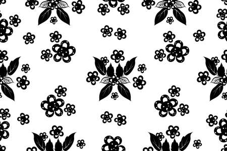 Vector floral seamless pattern on a white background, black decorative flowers and leaves, for fabric design.のイラスト素材