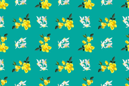 Seamless floral pattern yellow roses and rose buds with white daffodils on emerald background for fabric design, vector illustrationのイラスト素材