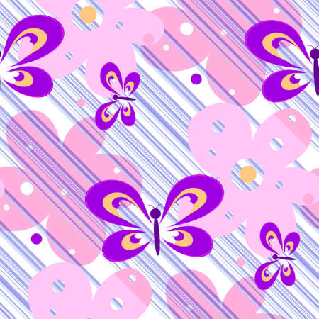 Vector floral seamless pattern pink flowers with decorative butterflies on a white background with diagonal lilac lines for the design of textiles, paperのイラスト素材