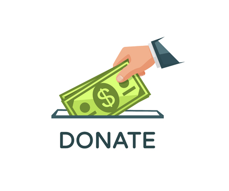 Donate Money and Charity Concept. Hand is putting a banknotes into a donation box. Vector illustration eps 10のイラスト素材