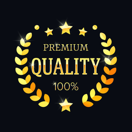 Premium quality golden label with a laurel wreath. Vector illustration eps 10.のイラスト素材