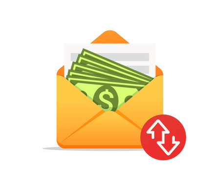 Open envelope with money bills. Money transfer, wage, payment, receipt of money, financial gift, cash. Vector illustration. Isolated on a white background.のイラスト素材
