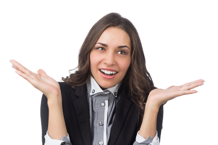 successful business women confused isolated on white backgroundの写真素材