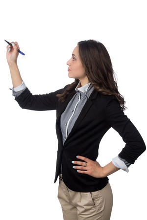 business woman holding marker in hand isolated on whiteの写真素材