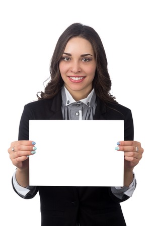business women with blank board isolated on whiteの写真素材