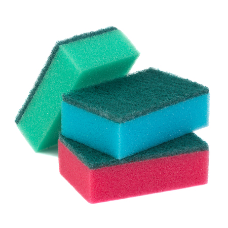 Stacked sponges isolated on white backgroundの写真素材