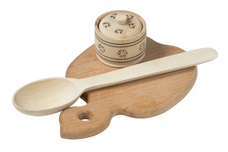 Household tools made of wood isolated on white backgroundの写真素材