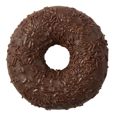 Chocolate donut with sprinkles isolated on white background. Top view.の写真素材