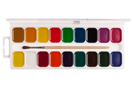 Watercolor paints with a brush isolated on white background. Top view.の写真素材