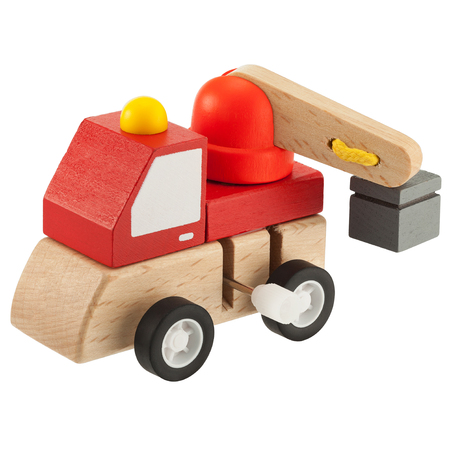 Wooden toy crane truck isolated on white backgroundの写真素材