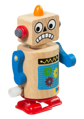 Wooden clockwork robot isolated on white backgroundの写真素材