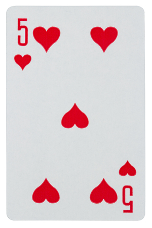 Playing card five of hearts isolated on white backgroundの写真素材