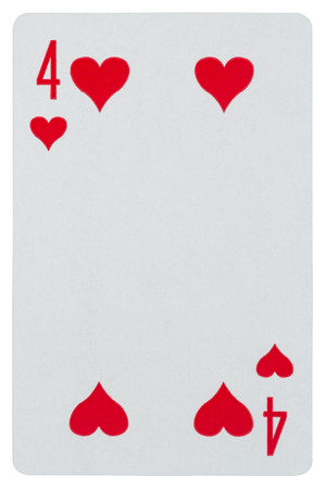 Playing card four of hearts isolated on white backgroundの写真素材