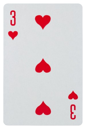 Playing card three of hearts isolated on white backgroundの写真素材
