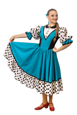 Beautiful smiling caucasian girl in russian folk costume isolated on white background. Full length.の写真素材