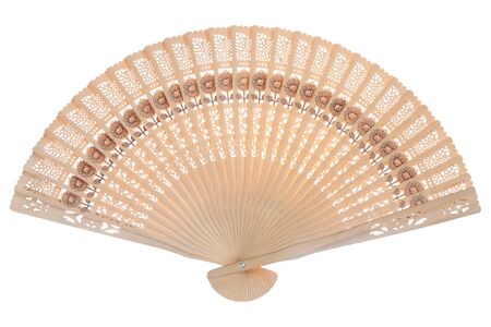 Open fan made of wood isolated on white backgroundの写真素材