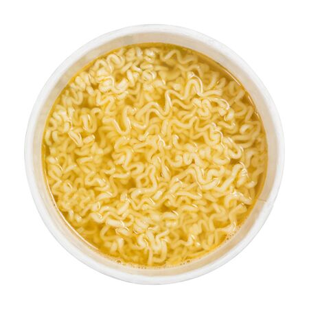 Cheap brewed noodle soup isolated on white background. Top view.の写真素材