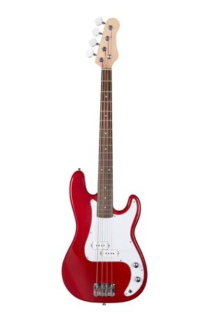 Red electric bass guitar isolated on white backgroundの写真素材