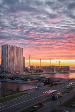 St. Petersburg, Russia-July 7, 2020: Sunset in an industrial aria.のeditorial素材