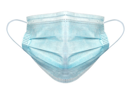 Protective medical mask with rubber ear straps isolated on white background. Front view.の写真素材