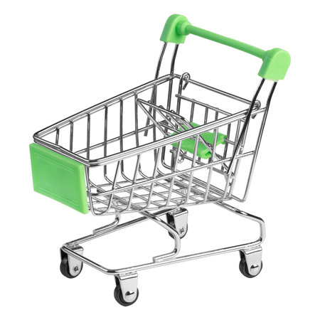 Miniature empty metal shopping cart isolated on white backgroundの写真素材