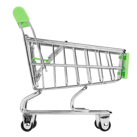 Miniature empty metal shopping cart isolated on white background. Side view.の写真素材
