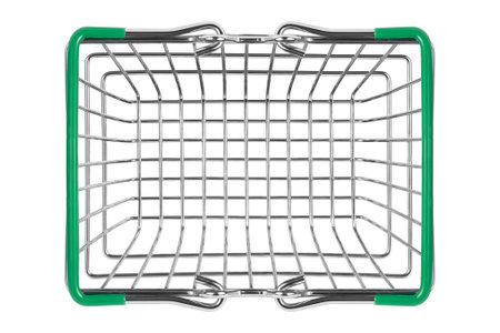 Empty metal shopping basket isolated on white background. Top view.の写真素材