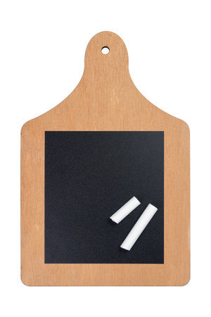 Chalk on chalk board for notes isolated on white backgroundの写真素材