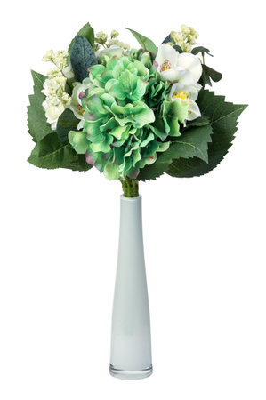Decorative plastic flowers in a vase isolated on white backgroundの写真素材