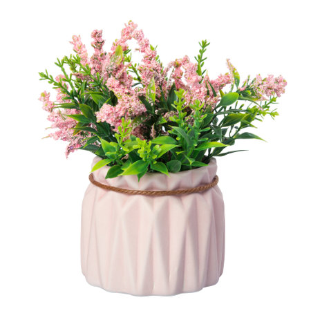 Decorative plastic flowers in a pink pot isolated on white backgroundの写真素材