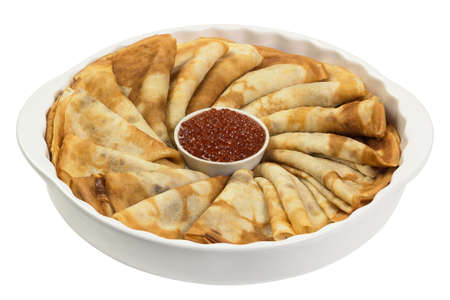 Pancakes with caviar on a ceramic plate isolated on white backgroundの写真素材