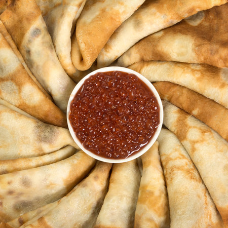 Stacked pancakes with caviar. View from above.の写真素材
