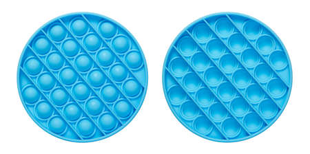 Silicone blue anti-stress sensory toy fidget push pop it isolated on white backgroundの写真素材