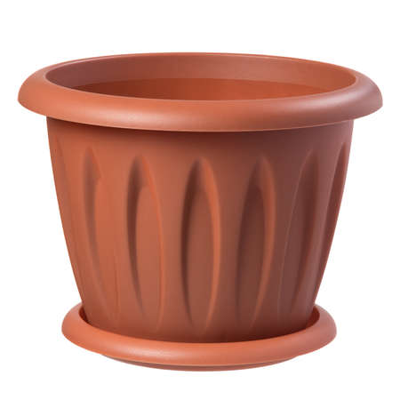 Empty plastic flower pot isolated on white backgroundの写真素材