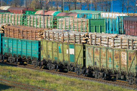 cars with logs at the railway station. Saint-Petersburg, Russia, 2016の写真素材