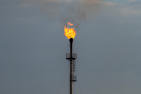 burning torch at the refinery against the grey skyの写真素材