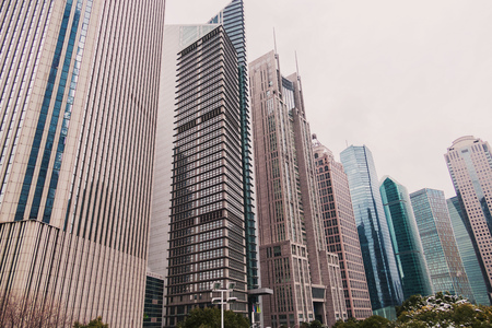 Skyscrapers of the Pudong area against the blue sky, Shanghai, Chinaの写真素材
