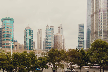 Skyscrapers of the Pudong area against the blue sky, Shanghai, Chinaの写真素材