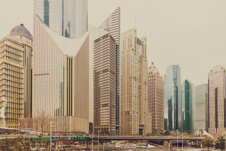 Skyscrapers of the Pudong area against the blue sky, Shanghai, Chinaの写真素材