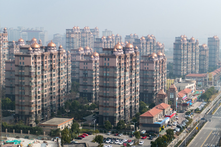 aerial view of the district in Shanghai with domes on high-rise buildingsの写真素材