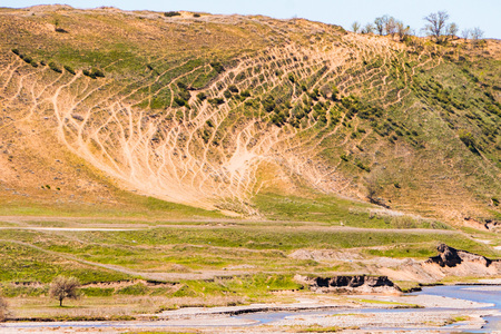 Panorama of a beautiful landscape with mountain ranges in Kazakhstanの写真素材