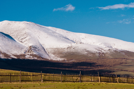 incredible landscape of the steppe area with lakes and trees smoothly turning into mountains with snow-capped peaks. Mountains Of Altaiの写真素材