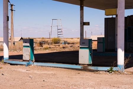 Old abandoned roadside truck stop fuel station in Kazakhstanの写真素材