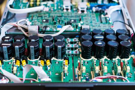 Resistors, capacitors and other electronic components of micro chip inside the computer close upの写真素材