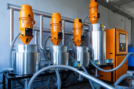 Polyurethane foam pipes production. Manufacturing facility. Automated production facility machineの写真素材