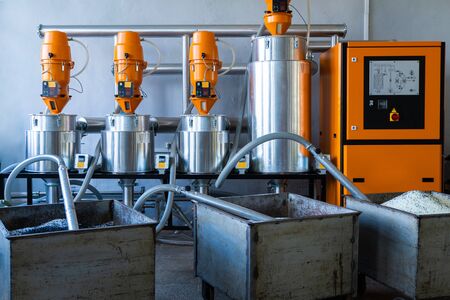 Polyurethane foam pipes production. Manufacturing facility. Automated production facility machineの写真素材