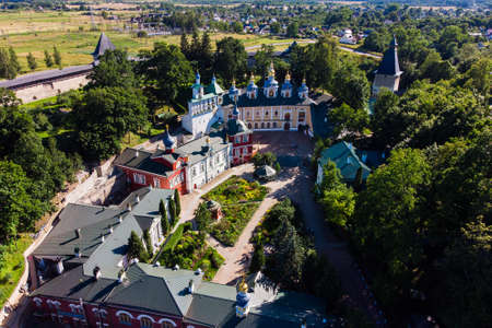 Aerial view at the walls of the Holy Dormition Pskovo-Pechersky Monastery. Pechory, Russia.の写真素材